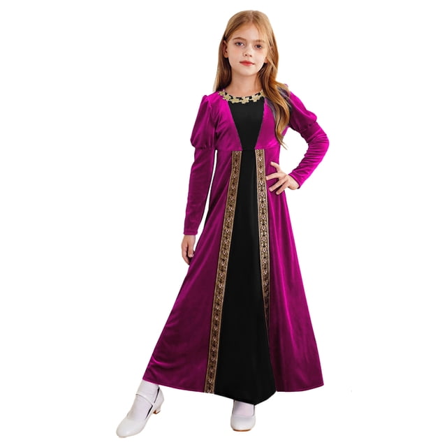 Sxiwei Robe de Princesse Médiévale pour Filles, Costume d'Halloween Renaissance, Manches Longues, Rétro, Robe Maxi de Bal, Rose Vif, 12