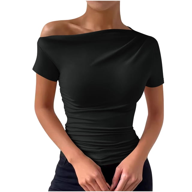 Plebaso Hauts à une Épaule pour Femmes Manches Courtes/longues Chemises Ajustées Froncées T-Shirts de Sortie Chemises pour Femmes