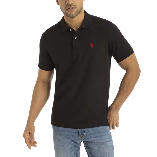 U.S. Polo Assn. Men's Performance Polo in black with short sleeves, a classic collar, two-button placket, and red embroidered logo on the left chest, shown in a front view, ideal for casual or active wear.