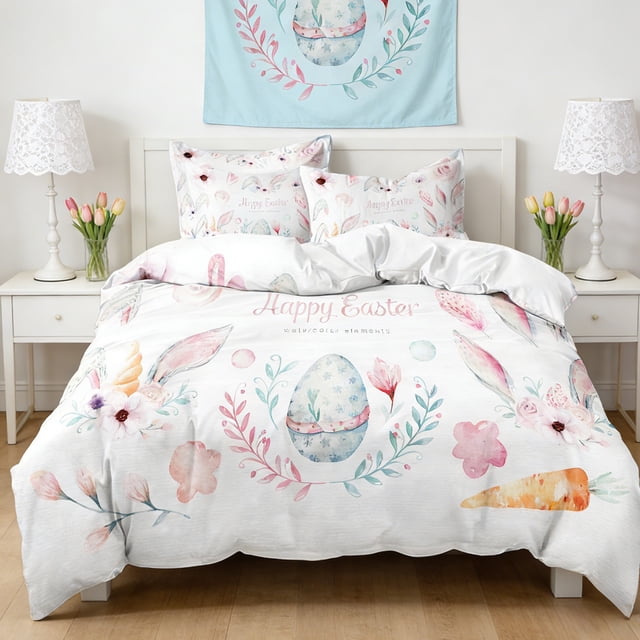 Fwttom Easter Decorations Easter Festal 3 Piece Bedding Set Cartoons Rabbits And Egg Graphic Patterns 2 Pillowcases And 1 Duvet Cover Good Quality Soft Fabric Home Decor Accents
