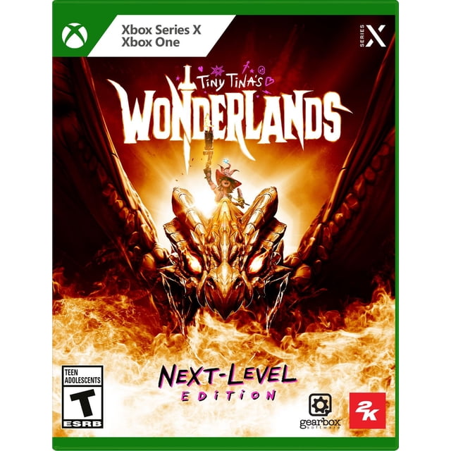 Tiny Tina's Wonderlands : Édition Prochaine Niveau (Xbox) Pochette Mettant en Vedette une Tête de dragon Ardente aux Yeux Lumineux et un Personnage Tenant une Arme Debout sur le Dessus, Entouré de Flammes, Conçue pour les Jeux d'Action-aventure Xbox Series X et Xbox One.
