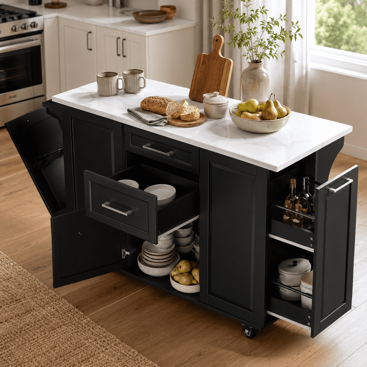 Homy Casa Îlot de cuisine roulant 50,7 po avec rangement, abattant, armoire basculante pour poubelle, organiseur coulissant, 2 tiroirs, noir