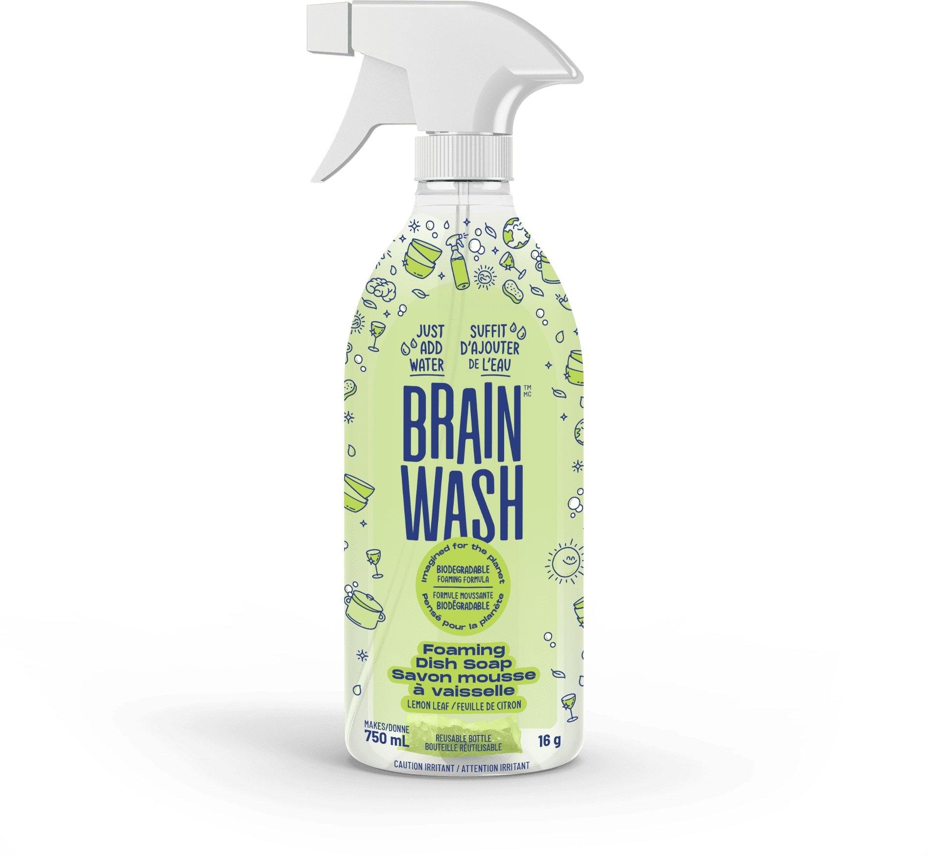 Brain Wash Foaming Dish Soap Bottle with Starter Pod - Lemon Leaf 750ML