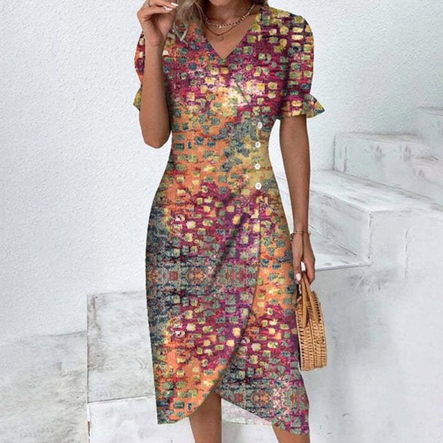 Lenago Summer Plus Size Summer Dresses Dress For Womens Summer Floral Printed Irregular Hem Dress V Neck Short Sleeve Button Dresses Party Beach Dresses on Clearance