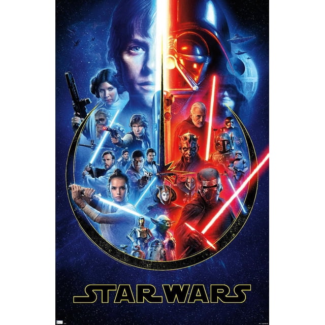 Star Wars - Skywalker Saga Wall Poster with a split blue and red design featuring characters wielding blue and red lightsabers. The blue side includes Yoda, C-3PO, R2-D2, and BB-8, while the red side shows Darth Vader, Kylo Ren, and Darth Maul. The starry space background includes the Death Star and Star Destroyers, framed by a gold circle and the Star Wars logo at the bottom.
