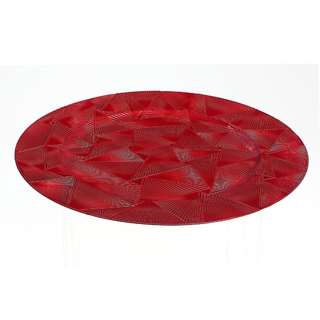 Charger Plate (Trinity) (Red) (13") - Set of 6 round red melamine plates with a textured geometric pattern of triangular shapes and fine linear grooves, designed to keep food hot and complement dining table décor, also suitable as serving platters.