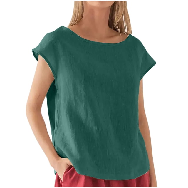 Penkiiy Blouse en Lin pour Femme à Manches Courtes, Col Ras du Cou, Hauts d'Été Décontractés, Coupe Ample, m Vert