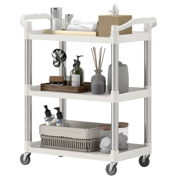 HOMCOM Chariot Utilitaire à 3 Niveaux avec Étagères, Chariot en Alliage d'Aluminium Blanc, 34,8 Pouces L x 17,3 Pouces L x 36,5 Pouces H, pour Cuisine, Bistro, Nettoyage d'Hôtel