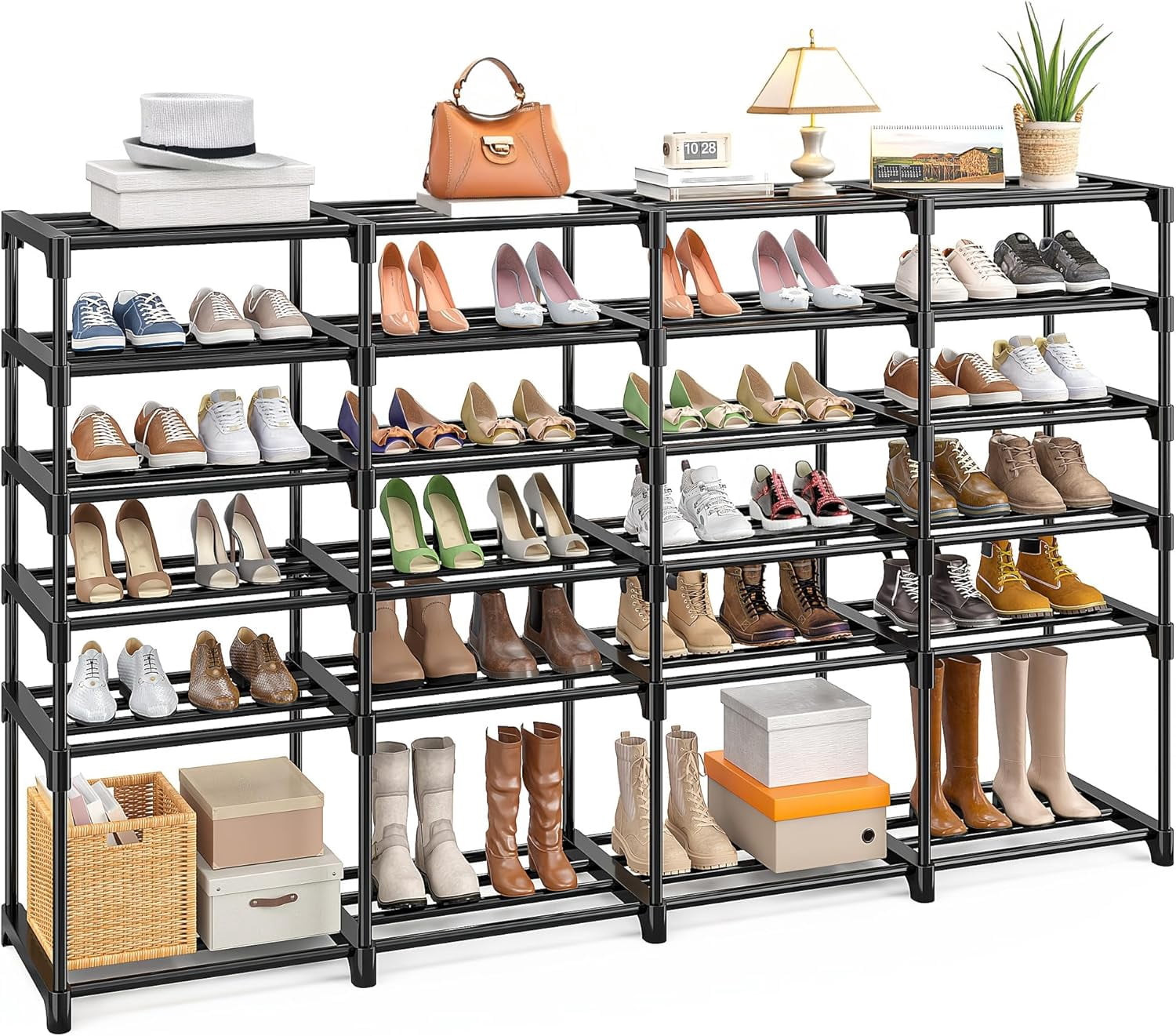 Exenoray 4-Column 6-Tier Shoe Rack, Large Capacity Plastic Shoe Storage Organizer for Entryway, Closet & Bedroom, 67.1"" W x 12"" D x 41.9"" H, Black
