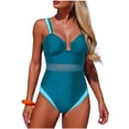 thumbnail image 1 of OHMZYZO Womens One Piece Swimsuit Mesh Panel Contrast Trim V Neck Ruched Tummy Control Bathing Suit For Beach Swimming Pool Vacation, 1 of 7