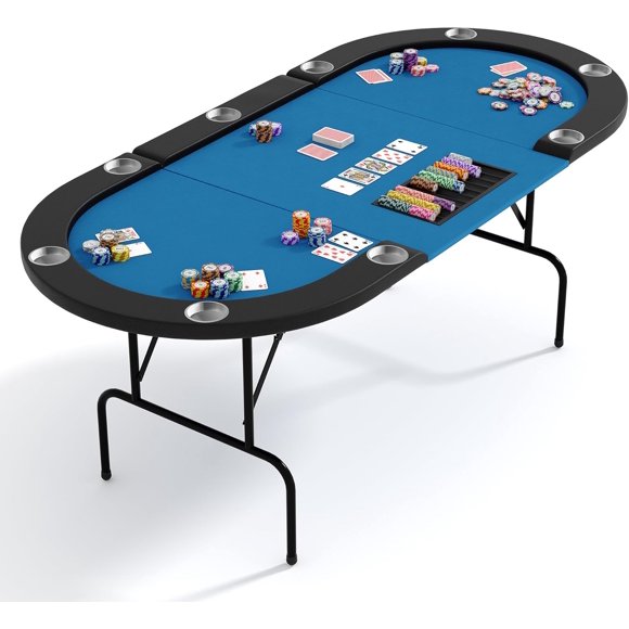 Oval Gaming Table for 10 Players with 9 Plastic/Stainless Steel Cup Holders, Casino Style Blackjack and Poker Table Featuring Water-Resistant Padded Rail