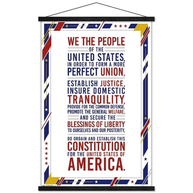 Les États-Unis d'Amérique - Affiche Murale du Préambule Constitution, 22,375 Pouces x 34 Pouces, Affichant le Texte du Préambule en Typographie Rouge et Bleue avec une Bordure Patriotique Décorative Mettant en Vedette des Étoiles et des Rayures en Rouge, Bleu, Jaune et Blanc, Imprimée sur Papier Lustré avec des Cintres en Bois Noirs pour un Affichage Mural Facile.