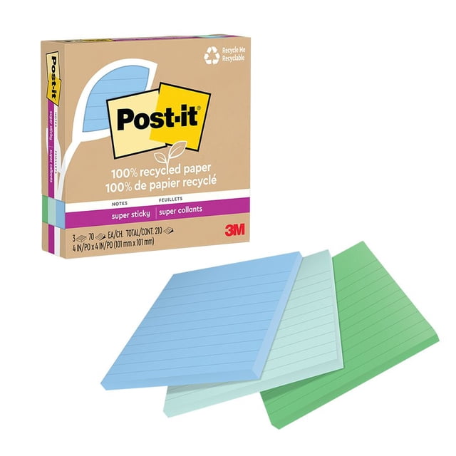 Post-it 675R-3SST Post-it Super Sticky Recycled Notes – Oasis Collection 4 x 4 in Ruled 70-sheet pad (Pack of 3)
