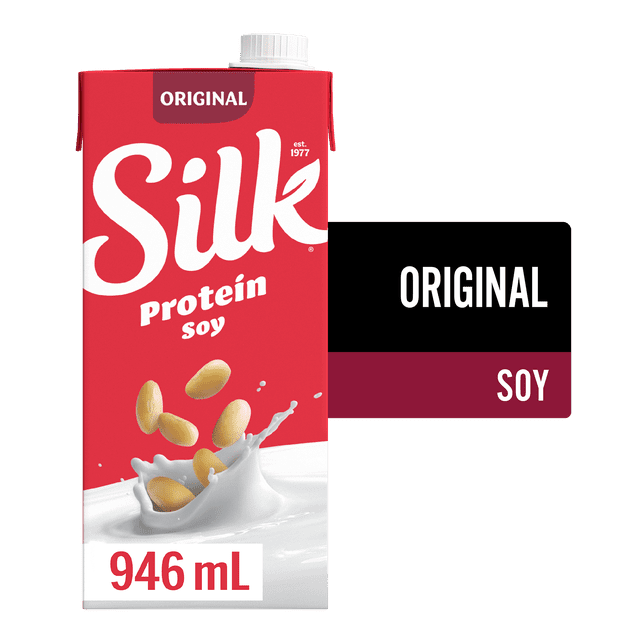 Silk Soy Milk Alternative, Original, Dairy Free, Shelf Stable, 7g of protein in a 946 mL red carton with white cap, featuring soybeans splashing into milk, providing as much calcium as dairy milk and suitable for cereal, coffee, or drinking alone.
