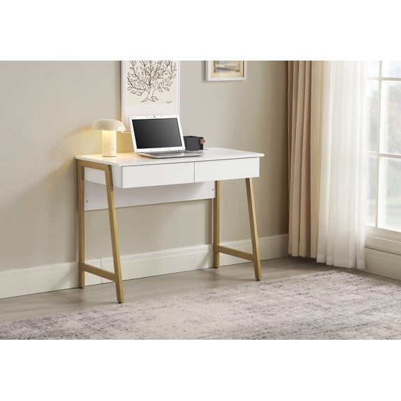 Mainstays 2 Drawers Computer Desk with USB Charger for Teen Adult, 39.4' Study Writing Table, White Finish.