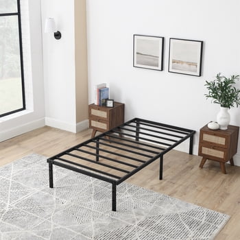 Cadre de lit plateforme en acier à lattes lourdes Mainstays Twin 14" avec espace de rangement sous le cadre, sans sommier requis, noir