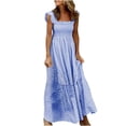 thumbnail image 2 of CFLVAEK Robe d'Été Smockée pour Femmes à Imprimé à Carreaux Robe Maxi Décontractée pour Femmes à Volants Manches Courtes à Revers Encolure Carrée Fluide Longues Robes pour Femmes, 2 of 6