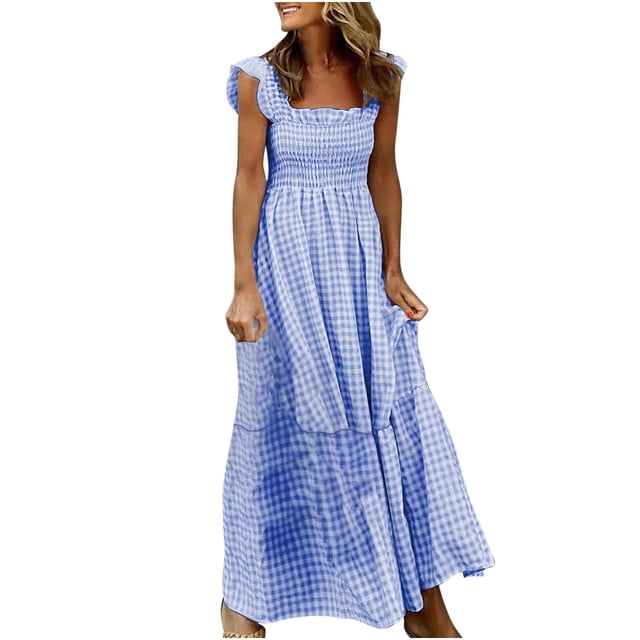 TopLLC Robe d'Été Mode Femmes Été Décontractée Imprimé Col Carré Camis Sans Manches Gilet Longue Robe Grande Taille Robes, Robe de Plage