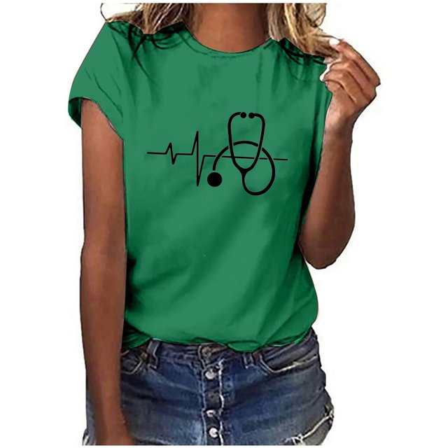 T-shirt Blouse Décontractée pour Femmes à Manches Courtes Imprimée pour la Journée des Infirmières