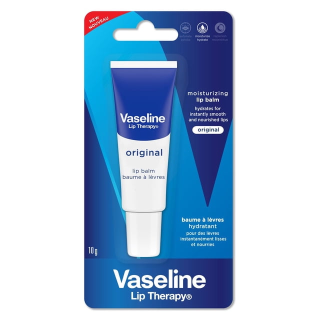 Vaseline Lip Therapy Original Moisturizing Lip Balm in a 10g white and blue tube with slanted tip applicator on blue packaging featuring bilingual text highlighting hydration and nourishment for dry lips.
