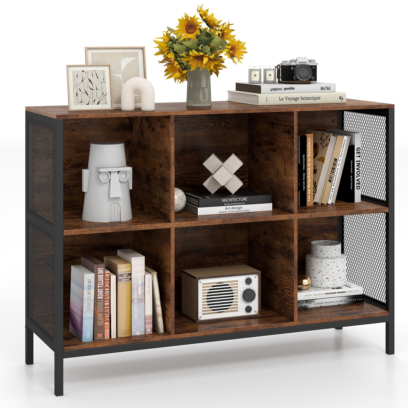 Gymax 6 Cube Bookcase 42'' Wide Horizontal Bookshelf w/ Heavy-Duty Metal Frame