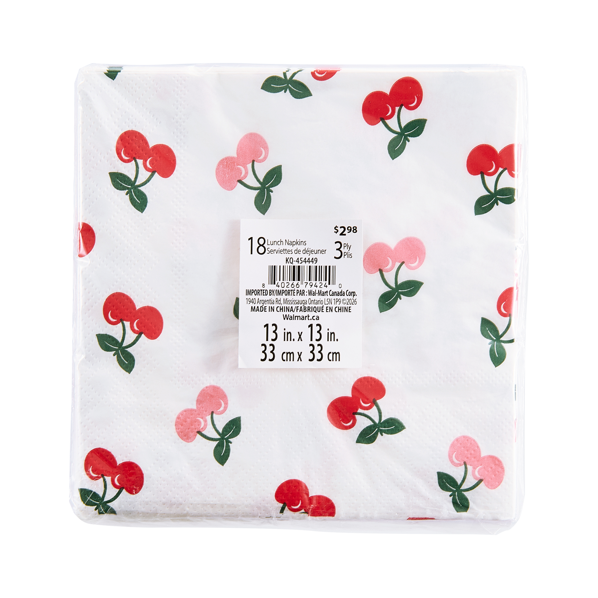 Way to Celebrate – Serviettes de table pour le déjeuner (18 pièces) – Motif Cerises – Collection Été