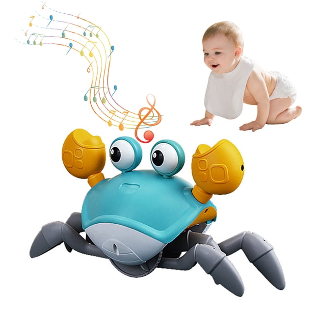Yeacher rechargeable interactive crab toy with a blue-green and yellow design, featuring LED lights, dynamic music, and crawling motion. Made of durable ABS material, it includes USB charging for extended playtime. Equipped with infrared sensors for obstacle avoidance, this interactive pet toy is ideal for engaging kids during tummy time and makes a great gift for birthdays and holidays.