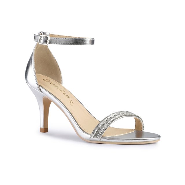 BLISSFUL STEP Sandales à Talons Aiguilles pour Femmes à Bout Ouvert de Couleur Unie avec Bride de Cheville en Strass Argent, Taille 10. Doté d'Un Empeigne en PU Élégante, d'Une Semelle Extérieure en Caoutchouc et d'Un Talon Aiguille en ABS d'Une Hauteur de 3,3 Pouces. le design Comprend une Bride Ornée de Strass et une Bride de Cheville Ajustable pour un Ajustement Sécuritaire. Convient aux Mariages, Bals, Fêtes et Autres occasions Spéciales.