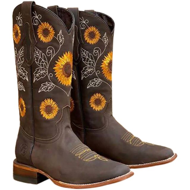 Western Boots Chunky Heel Embroidered Cowboy Boots Square Toe Boots for Women
