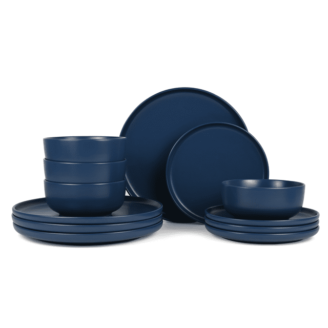 Mainstays Alessandra Matte Blue 12Piece Stoneware Dinnerware Set includes four matte blue stoneware dinner plates, salad plates, and bowls, all microwave and dishwasher safe, suitable for everyday dining and casual entertaining.