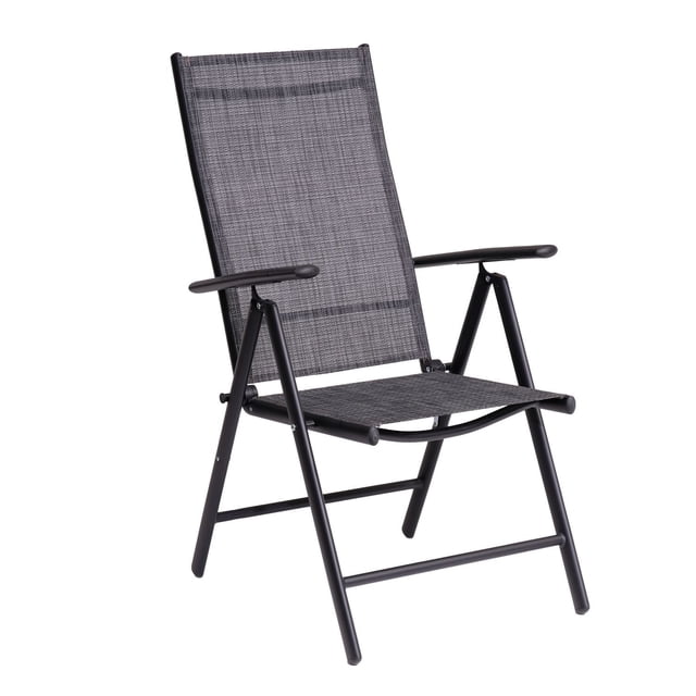 Dura San-Remo 2PK Folding Chair set with two high-back folding chairs featuring black metal frames and dark grey sling-tex fabric seats and backs, ideal for outdoor seating on patios, porches, or balconies, with armrests and easy foldable design for storage and transport.