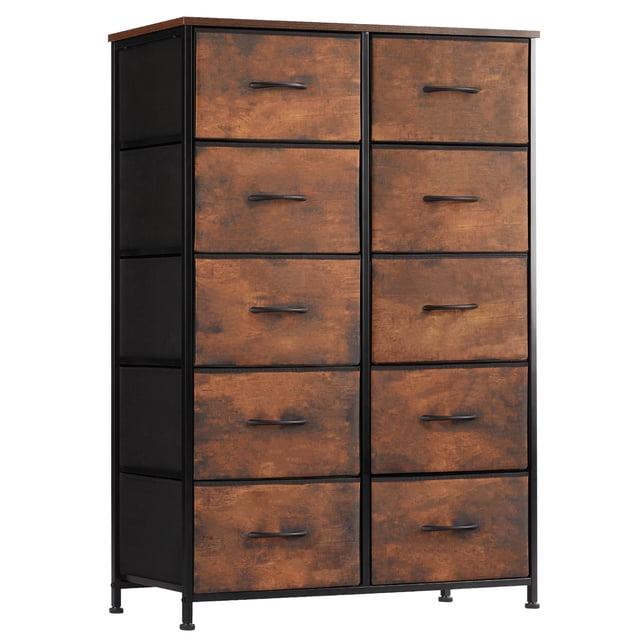 EDX Commode à 10 Tiroirs pour Chambre, Tour d'Organisation de Rangement en Tissu Brun Rustique avec Cadre en Acier Renforcé et Patins de Pieds Ajustables pour la Stabilité. le Dessus en Bois Est Idéal pour Exposer des vases, des photos Ou des Miroirs. Convient à l'Organisation des Espaces de Chambre Ou de Salon et Peut Aussi Servir de Meuble Télé compact.