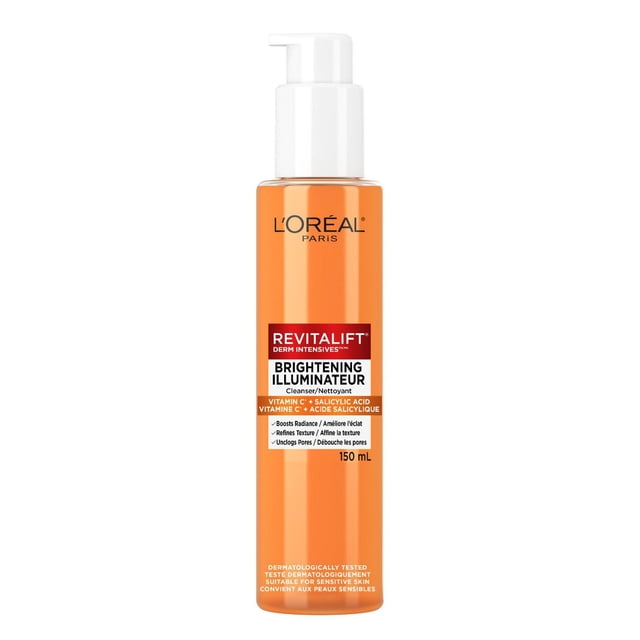 L'Oréal Paris Brightening Face Cleanser, 150ml, in an orange cylindrical bottle with a white pump dispenser, featuring Revitalift branding and Vitamin C plus Salicylic Acid to boost radiance, refine skin texture, and unclog pores, dermatologically tested and suitable for sensitive skin.