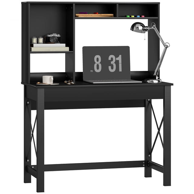HOMCOM Bureau d'Ordinateur avec Rangement, Table d'Étude avec Huche, Étagères, Noir. un Bureau d'Ordinateur Noir Élégant avec une Huche à Trois Étagères et Deux Compartiments Ouverts pour le Rangement. Fabriqué en Panneau de Particules et Acier, Il Offre une Stabilité et une Esthétique Moderne. Convient aux Petites Pièces, Bureaux Ou Dortoirs.