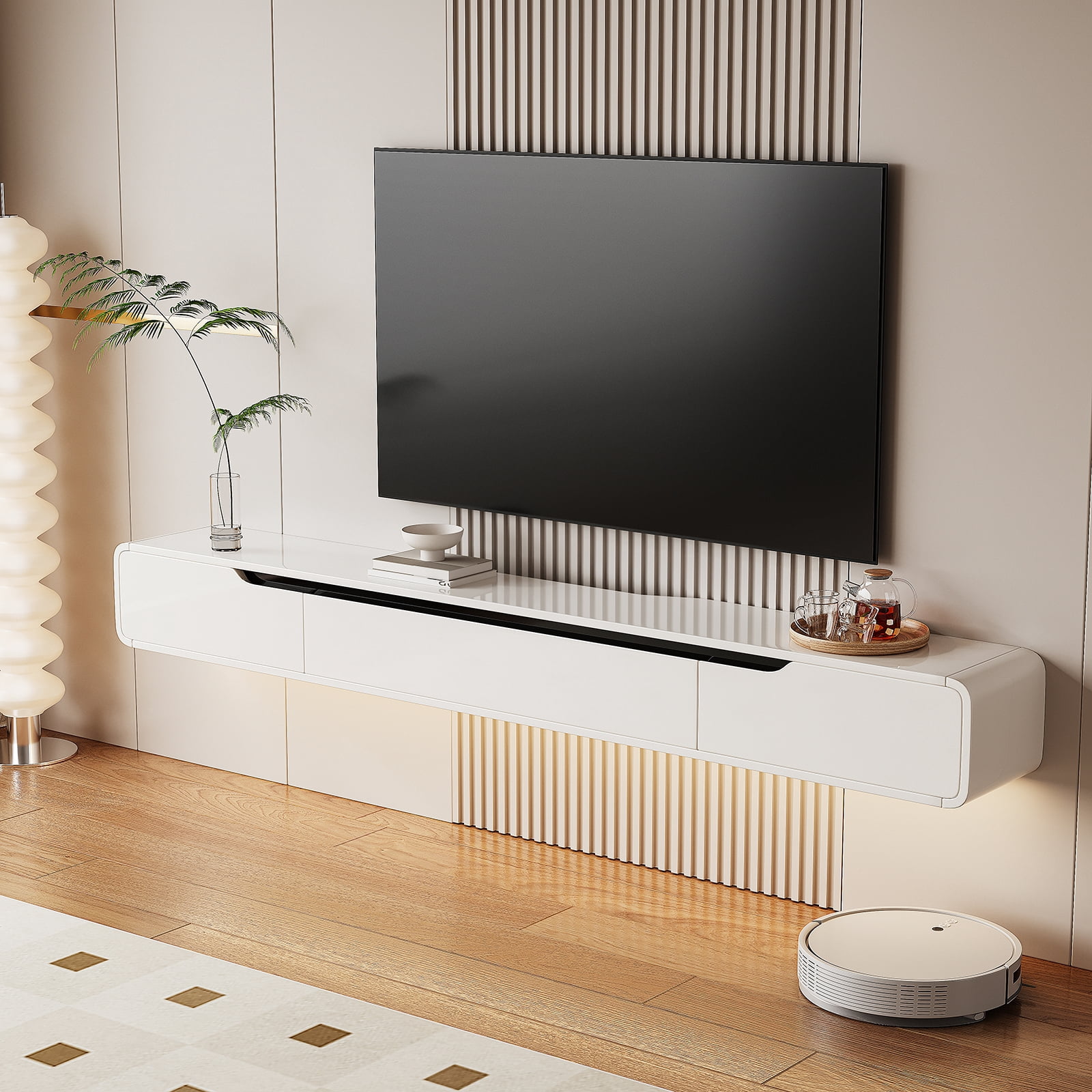 FloatiCasa 47-Inch High Gloss Floating TV Stand Wall-Mounted TV Shelf for TVs up to 50" Entertainment Center with 3 Doors for Bedroom Living Room(White)