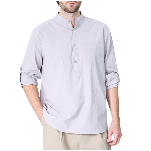 RXIRUCGD Mode Homme Uni Col Rabattu Demi-Cardigan Haut Décontracté Chemise Hauts à Boutons, Gris, Taille : L