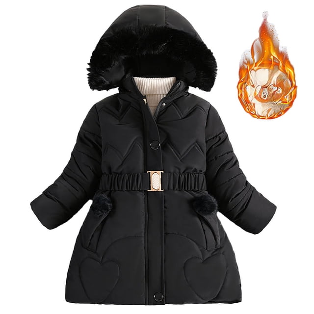 Kcodviy Girl's Padded Jacket in a long, thickened design for winter. The black jacket features heart-shaped quilted patterns, a detachable faux fur-trimmed hood, and a cinched waist with a decorative buckle. It includes two slant pockets and a smooth zipper closure for easy wear. Suitable for girls aged 5-10 years, this warm outerwear is ideal for cold weather.