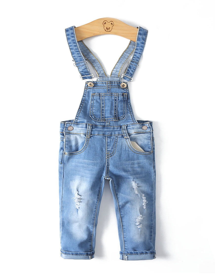 KIDSCOOL SPACE Salopette en Jean Mignonne Coupe Ajustée Déchirée pour Petite Fille Garçon 12M