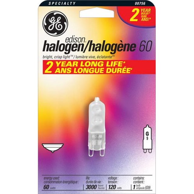 GE Lighting Canada Ampoule Halogène T4 60W avec Douille G9 en Emballage de Vente au Détail, Offrant une Longue Durée de Vie de 2 Ans et une Autonomie de 3000 Heures à 120 volts, Offrant une Lumière Blanche Vive et Nette Convenant à l'Éclairage Spécialisé et à l'Éclairage de Chariot Extérieur.