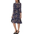 thumbnail image 2 of INSPIRE CHIC Robe-Chemise Élégante à Fleurs pour Femme Col en V Manches 3/4 Nouée à L'Avant Robe Fluide en Mousseline L Bleu Foncé, 2 of 6