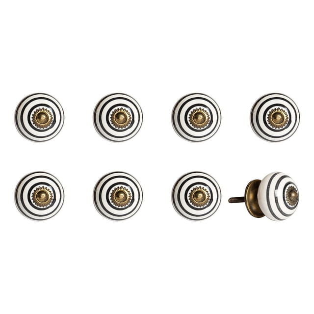 KNOB-IT vintage handpainted ceramic knobs 8 pack featuring round white knobs with black concentric circles and antique brass center, one knob shown side view with bolt and nut hardware, suitable for cabinet and drawer hardware upgrades.