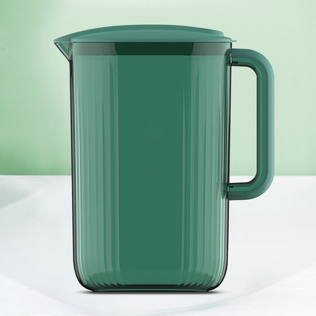 TopLLC Large Plastic Water Pitcher with Lid, shown in a green color, featuring a square design with a wide mouth and a convenient handle. This 2L dishwasher-safe pitcher is made of BPA-free AS+PP plastic, ideal for water, tea, juice, or infused beverages. The flip lid allows for easy pouring, and the transparent material complements modern kitchen and dining setups. Dimensions are 8.66×7.08 inches.