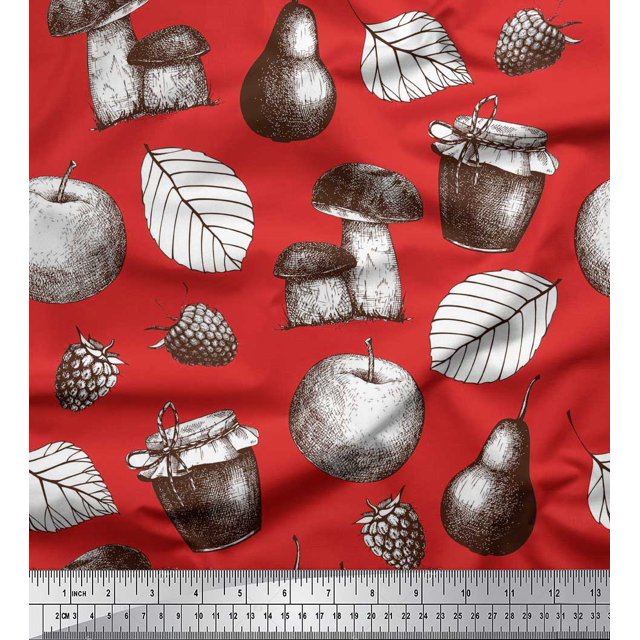 Soimoi Rayon Fabric Mushroom, Pear Fruits Print Fabric by The Yard 56 Inch Wide