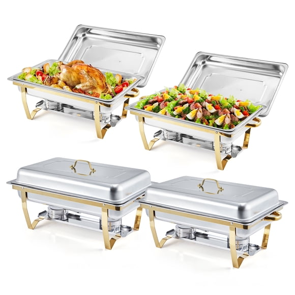 Ensemble de Buffets de Luxe pour Chafing Dish, Lot de 4 – Serveurs de Buffet Chafer en Acier Inoxydable 8 Qt et Réchauffe-Aliments avec Couvercles et Supports Pliants, Rectangulaire Or / Variante : Ensemble de 4 Pcs, Or, Compartiment Simple