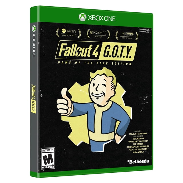 Fallout 4: Édition Jeu de l'Année pour Xbox One et Xbox Series X, Présentant une Couverture Noire avec le Personnage Emblématique Vault Boy Donnant un Pouce Levé. la Boîte Met en Valeur des Récompenses et Comprend le Jeu de base avec six Extensions DLC : Automatron, Wasteland Workshop, Far Harbor, Contraptions Workshop, Vault-Tec Workshop et Nuka-World. Classé m pour Mature par ERB, Optimisé pour Xbox Series X et compatible avec Xbox One.