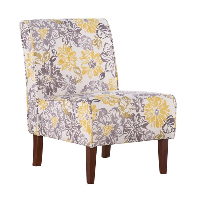 Daisy Script Accent Chair with yellow, gray, and beige floral fabric upholstery, wide plush seat and back, and straight dark walnut-finished wooden legs, ideal for living room seating and decorative accent use.