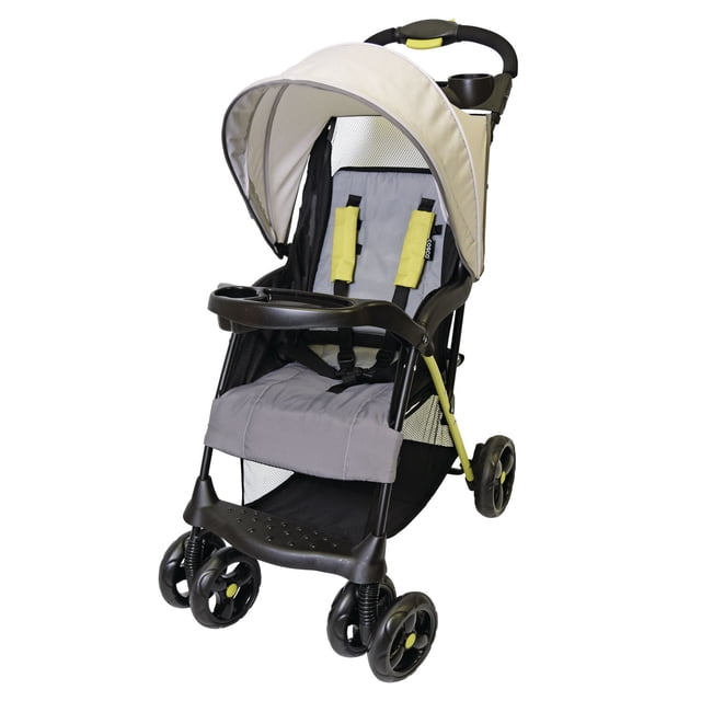 Cosco Flash Stroller with a lightweight black frame and grey multi-position reclining seat featuring yellow 5-point harness covers, an extra-large beige 3-tier extended canopy with peek-a-boo mesh window, removable child snack tray with cup holder, parent tray with two cup holders on the handlebar, lockable rear wheels, and large storage basket underneath.