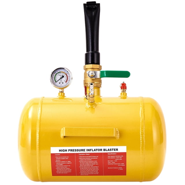 Gymax 5 Gallon Compact Air Tire Bead Seater Blaster Tool with solid steel construction, yellow finish, and exposed air gauge for accurate air volume measurement. Designed for tire inflating and seating, it features an on/off valve for tank filling control and operates at 87-116 PSI. Ideal for heavy-duty vehicles like trucks, ATVs, and tractors, and fits tires up to 24.5 inches.