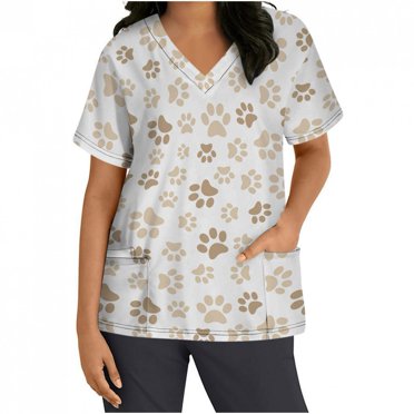TopLLC Tuniques de Sarrau pour Femmes, Imprimé Animalier Deux Poches Sport Séchage Rapide Extensible Col en V Tenue de Travail, Sarraus Médicaux Anti-Froissement pour Femmes