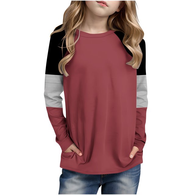 Posijego Girls Striped Long Sleeve Shirts Kids Round Neck Color Block Tunic Tops Spring T-Shirts Size 4-14 Years